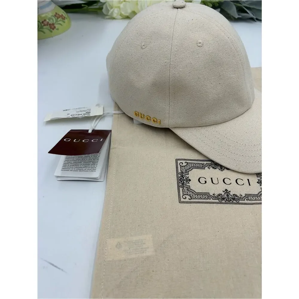 Unisex, Gucci, gold logo Cream Canvas Baseball Cap size XL made in Italy